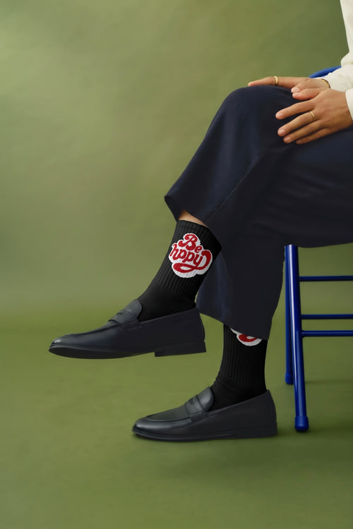 Black Be Happy Red Heart Crew Socks